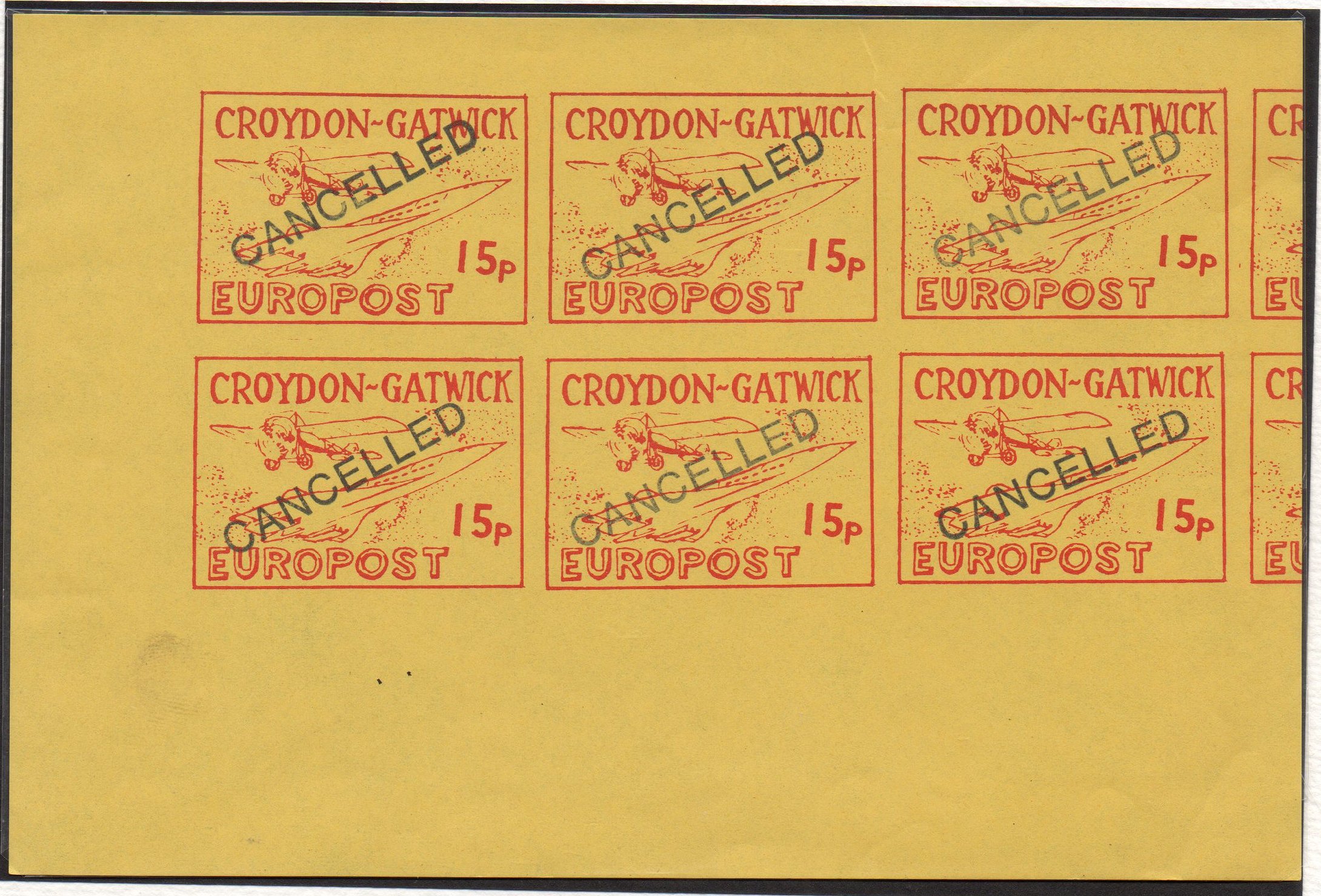 Croydon Gatwick Strike Post Stamps 1971 15p Concorde design, 46 mm wide Imperforate sheet/6 handstamped CANCELLED 46mm stamps used for Rouletted issue